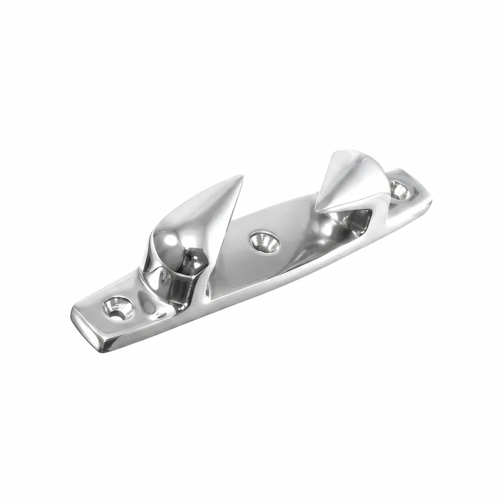 Top-down view of a high-mirror polished Airow Marine 316 stainless steel bow chock on a white background, showcasing smooth contours and three mounting holes.