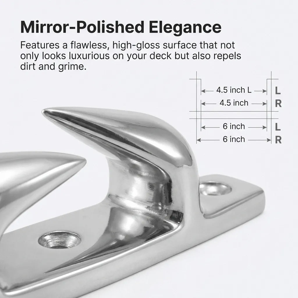 Extreme close-up focusing on the mirror-finish surface of the boat chock, highlighting its ability to repel dirt and grime with detailed measurement markers for L and R variants.