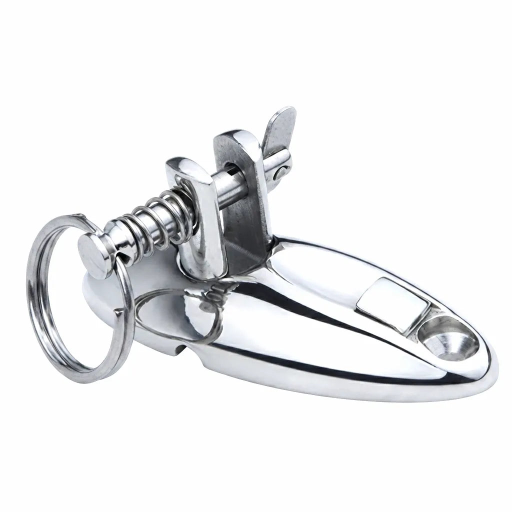 Mirror polished 316 stainless steel quick-release capricorn style hinge for marine boats, featuring a spring-loaded pin and keyring attachment, ideal for deck and awning applications.