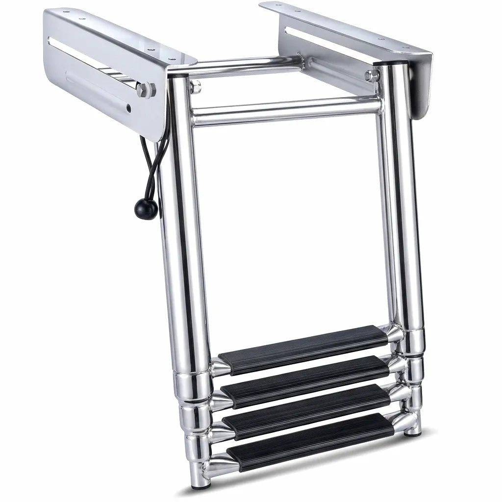 Hero shot of the Airow Marine 316 Stainless Steel 3-step telescoping boat ladder on a pure white background featuring high-mirror polish finish.