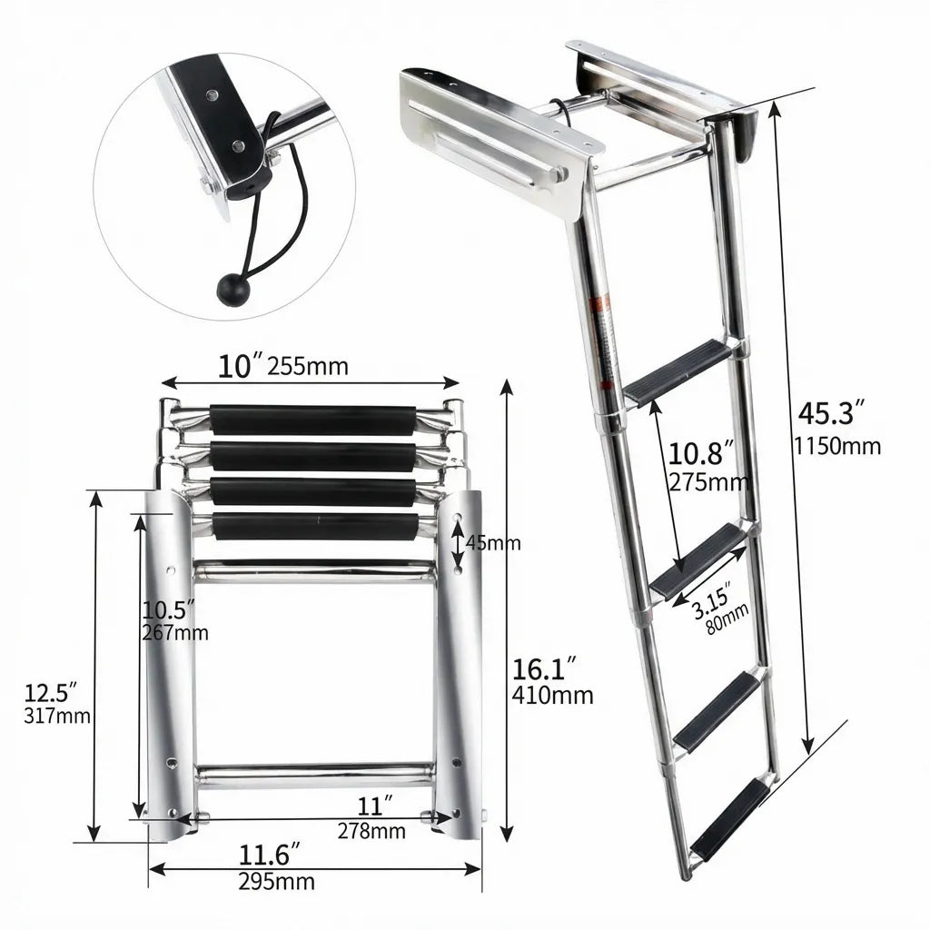 Dimensional schematic drawing of the boat ladder showing 45.3 inch extended length, 16.1 inch retracted depth, and 11.6 inch mounting width.