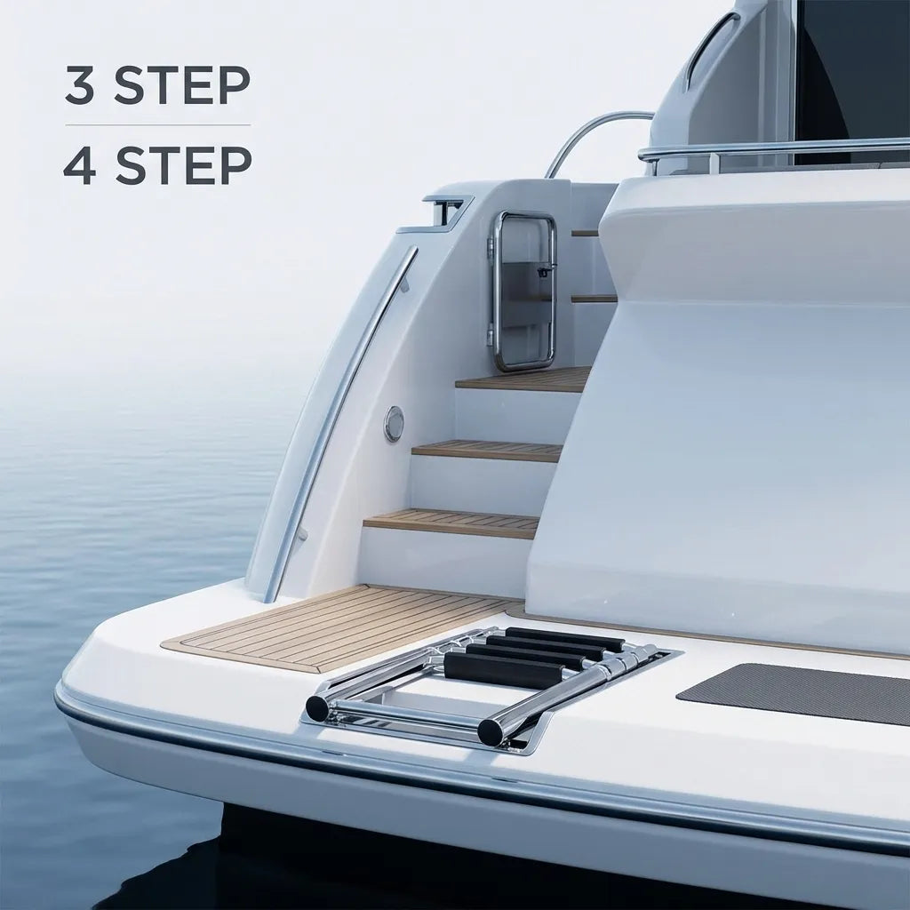 Rear view of a luxury yacht showing the boat ladder retracted into its low-profile slide mount on the teak swim platform.