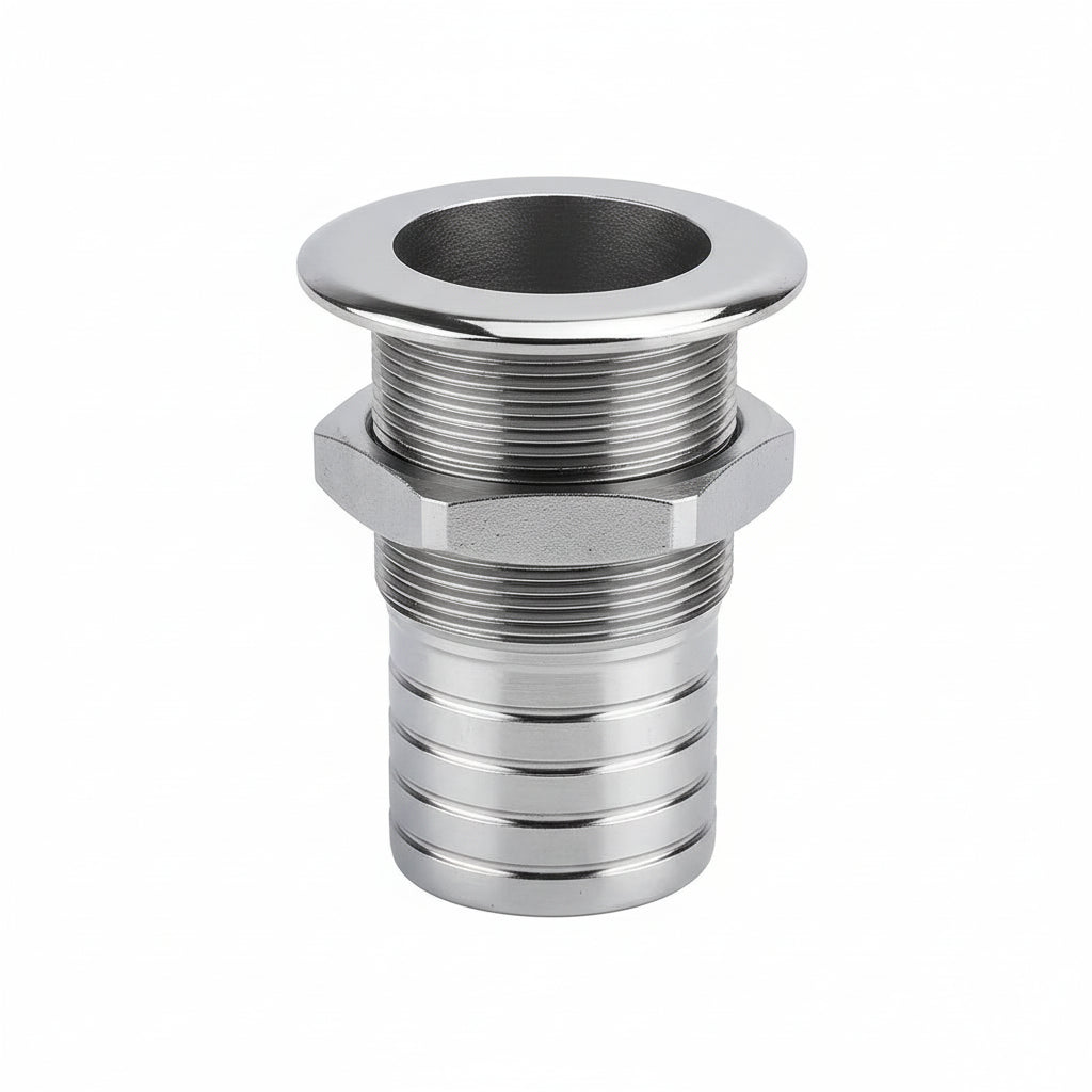 Collection of Airow Marine AISI 316 stainless steel thru-hull hose fittings in various sizes from 3/8 inch to 2 inch.