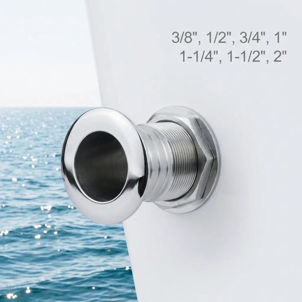 Mirror-polished 316 stainless steel thru-hull fitting installed on a white boat hull with sea background.