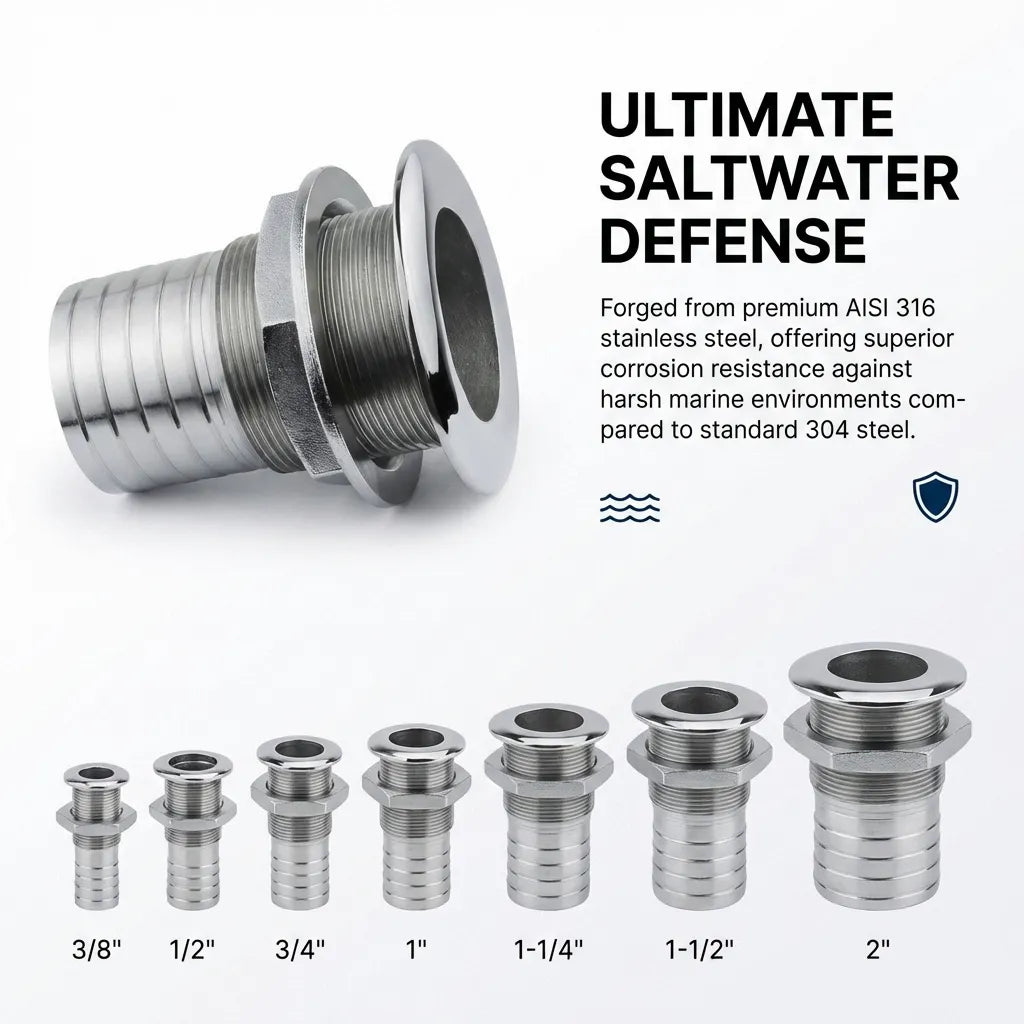 Graphic showcasing the AISI 316 stainless steel construction and corrosion resistance for harsh marine environments.