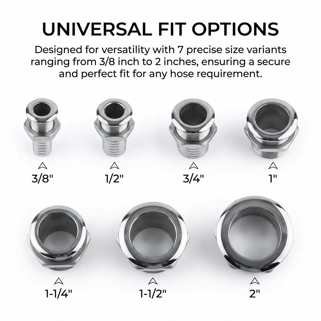 Top-down view of seven precision size variants ranging from 3/8 inch to 2 inches internal diameter.