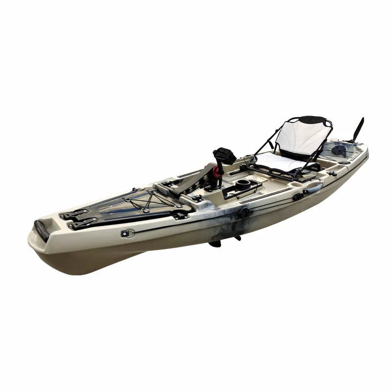 Airow Marine 320cm Rotomolded Pedal Kayak with Propeller Drive System, beige and grey, on a pure white background