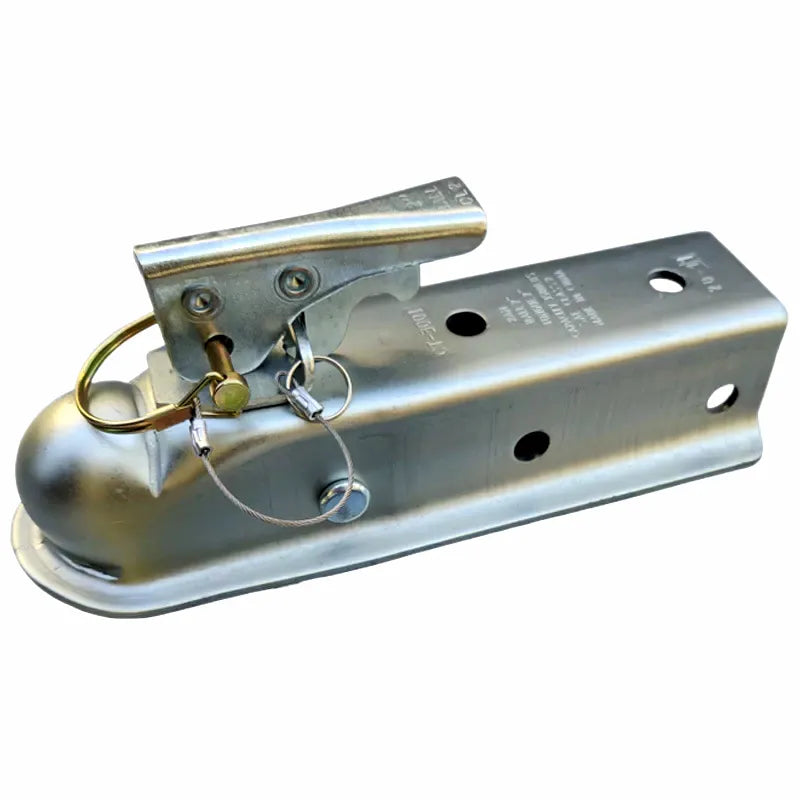 Airow Marine heavy-duty 3500lb capacity galvanized steel boat trailer coupler for 2-inch hitch balls with quick-release safety latch and cotter pin.