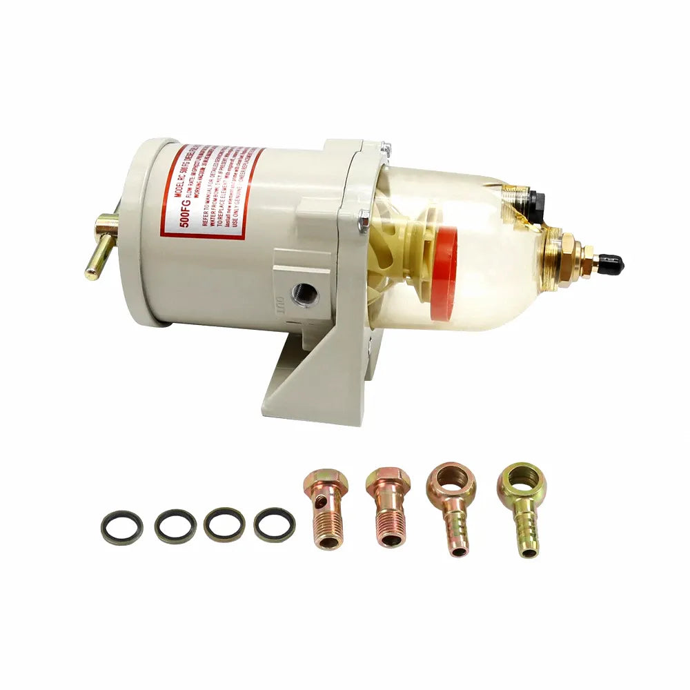 Airow Marine 500FG Diesel Fuel Water Separator assembly with clear bowl, beige housing, and included brass banjo fittings on white background.