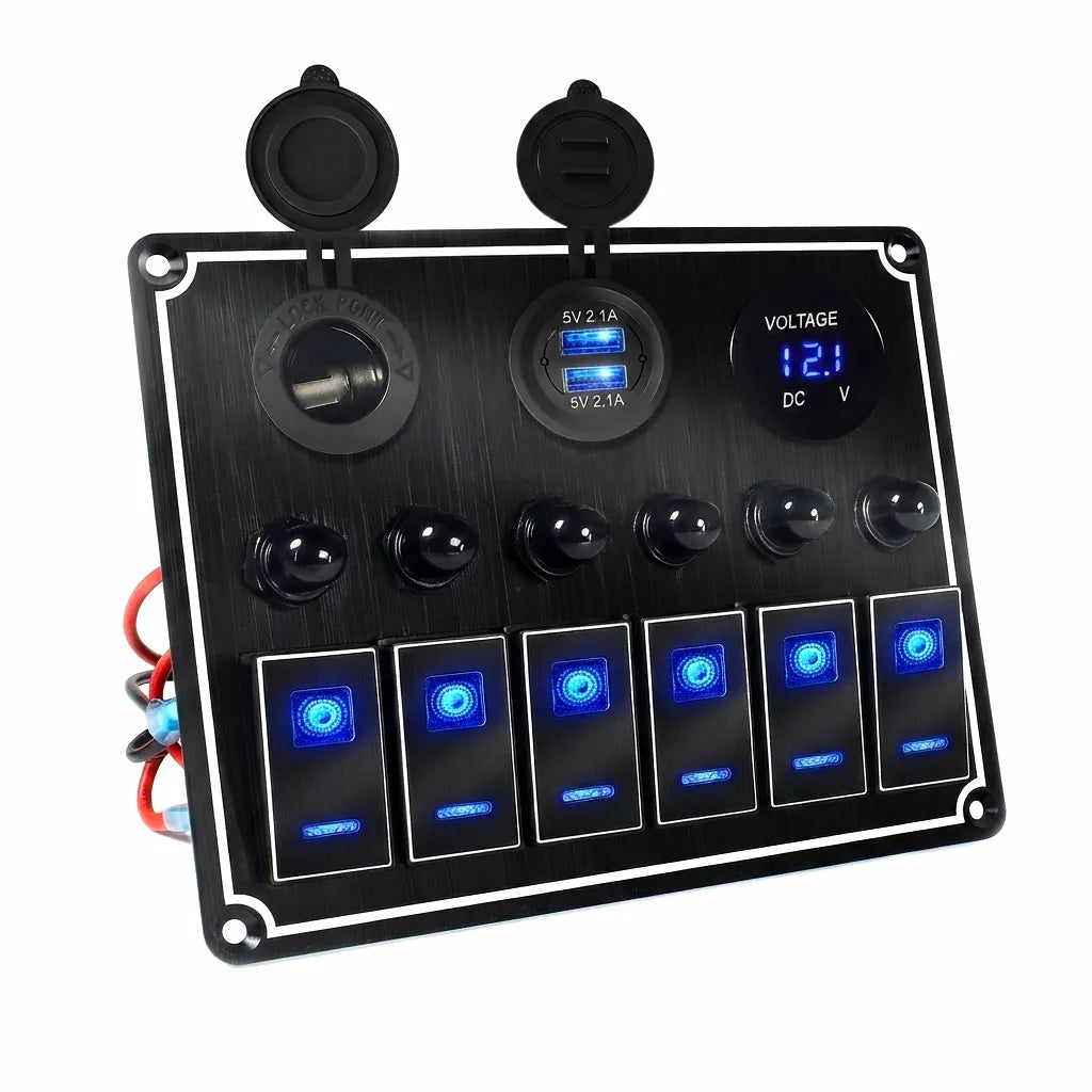 Airow Marine 6-gang waterproof switch panel with illuminated blue LED toggle switches, dual USB 5V 2.1A ports, 12V cigarette lighter, and digital voltage meter on brushed black aluminum alloy