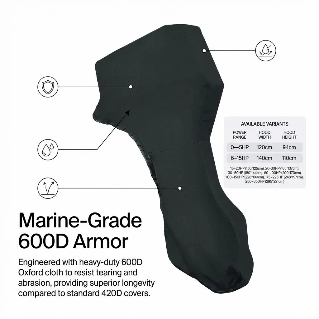 Infographic diagram explaining the 600D Marine-Grade Armor construction and tear resistance comparison against standard 420D covers.