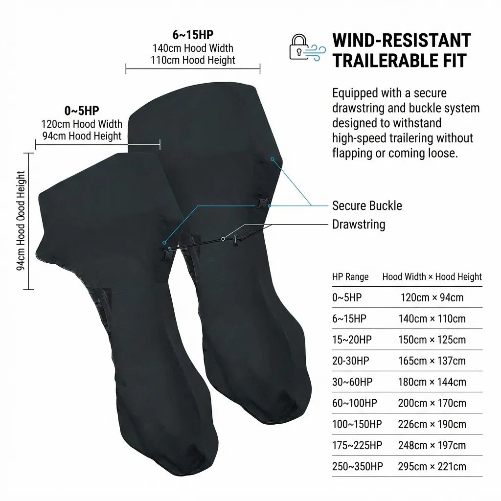 Diagram demonstrating the wind-resistant trailerable fit with secure quick-lock buckles and integrated drawstring system for high-speed transport.