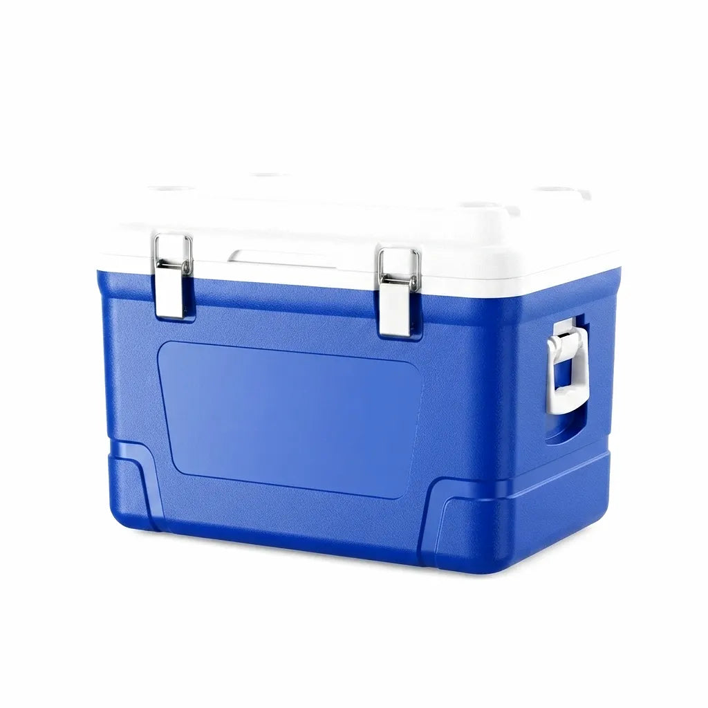 Airow Marine 65-Liter Insulated Cooler in blue and white, featuring robust side latches and an ergonomic side handle, designed for marine and outdoor use.