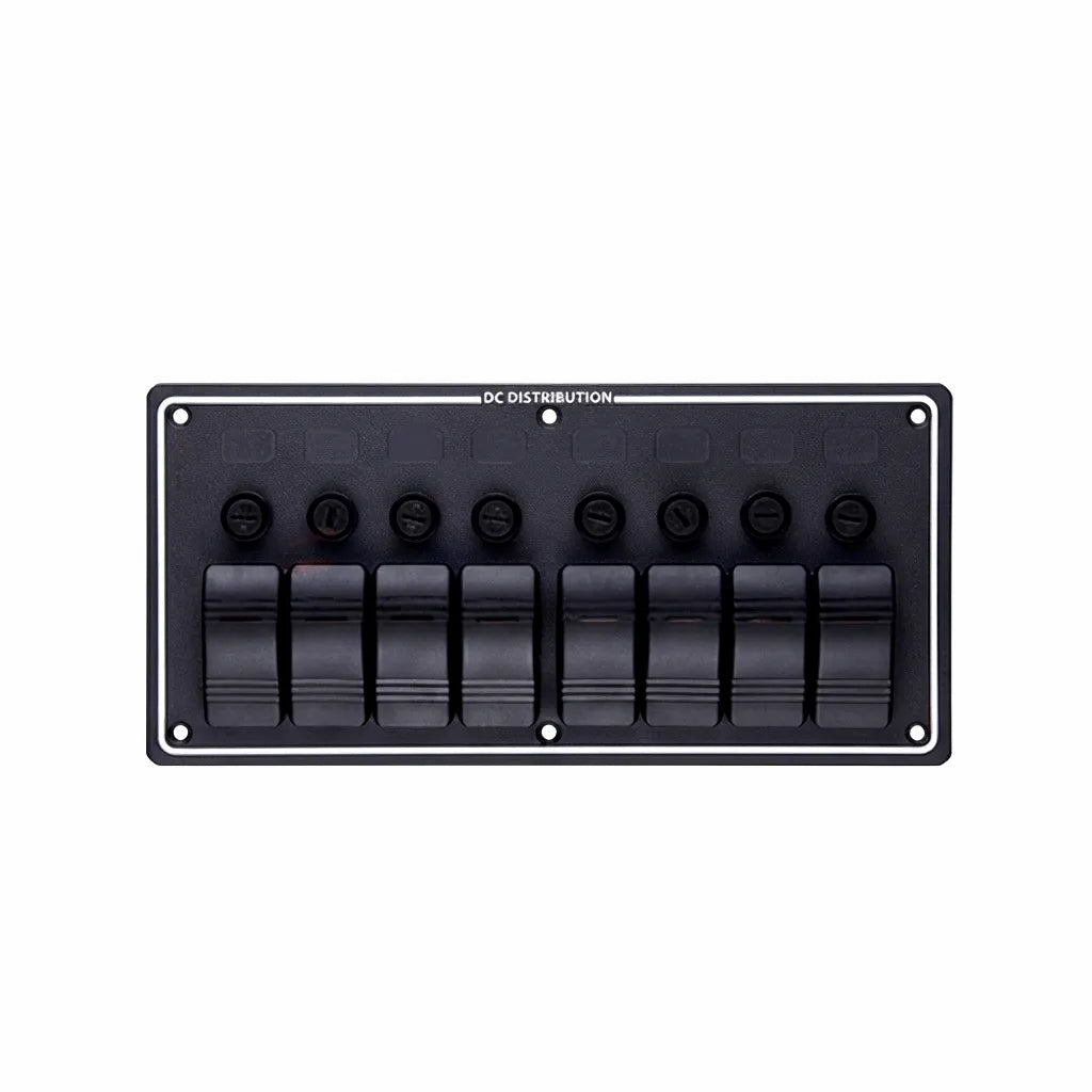 Airow Marine 8-Gang DC distribution waterproof marine switch panel with matte black finish on a pure white background.