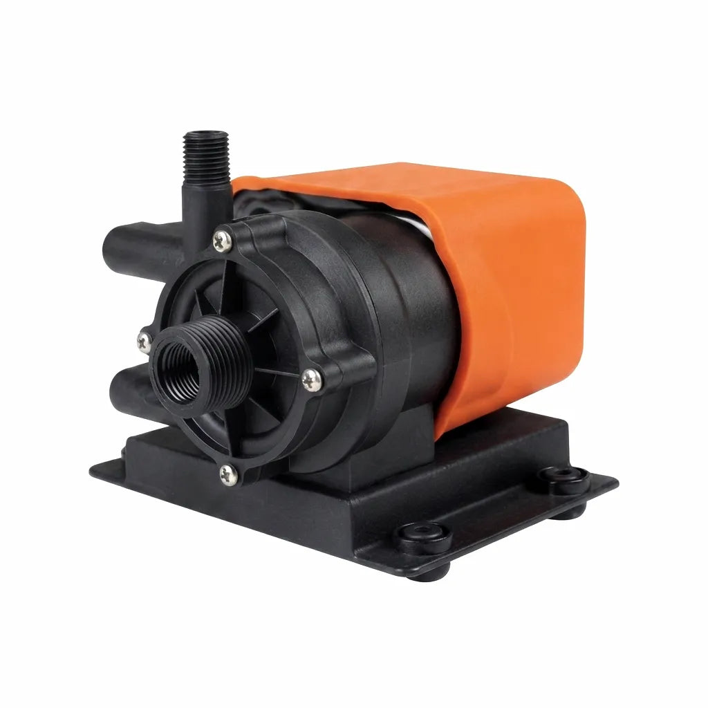 Airow Marine 500 GPH self-priming AC circulation pump shown in profile view with high-durability orange rubberized vibration dampener jacket and composite mounting flange.