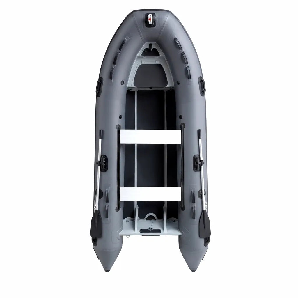 Top-down view of Airow Marine Aluminum V-Hull RIB Inflatable Fishing Boat with two white benches and black oars on a white background