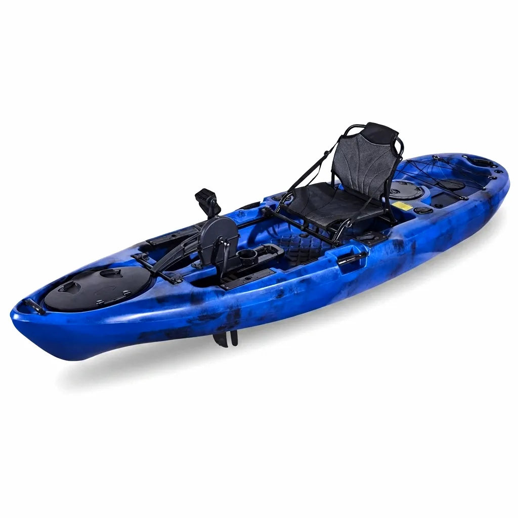 High-angle perspective of a blue and black mottled Airow Marine single-person pedal fishing kayak with an adjustable seat, integrated pedal drive system, and multiple sealed hatches, isolated on a pure white background.