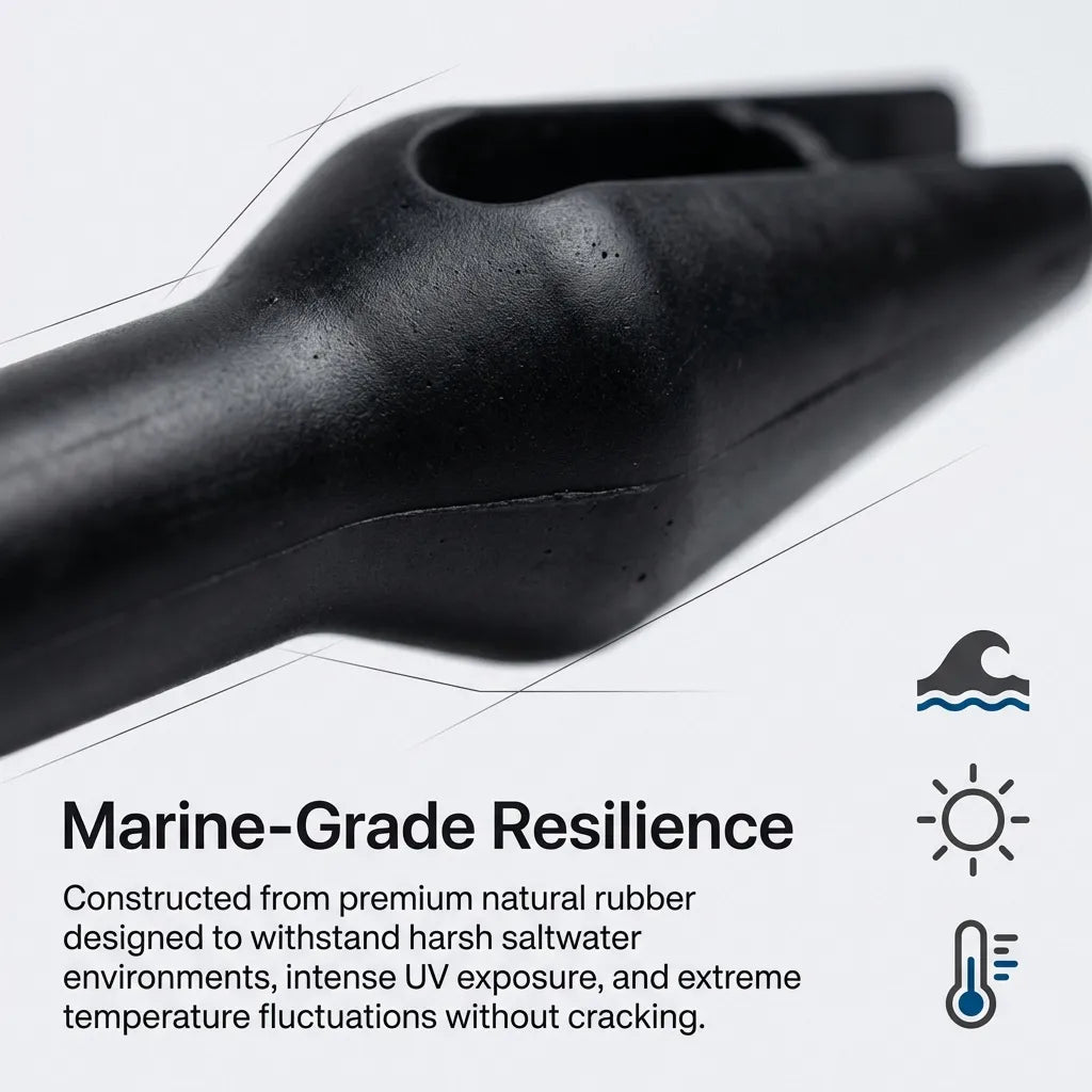 Close-up view of the natural rubber surface texture illustrating UV-stability, saltwater resilience, and extreme temperature tolerance without cracking.