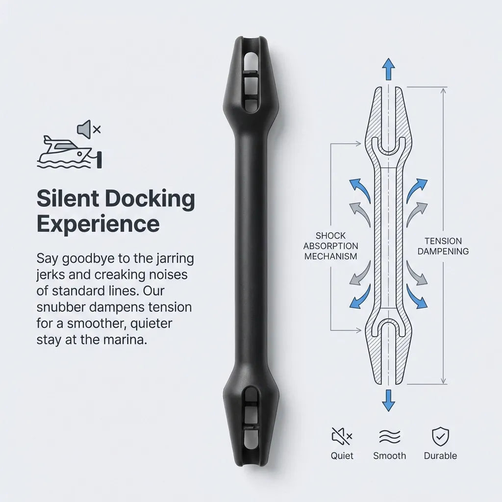 Schematic cross-section of the shock absorption mechanism illustrating tension dampening for a silent, smoother docking experience without line jerking.