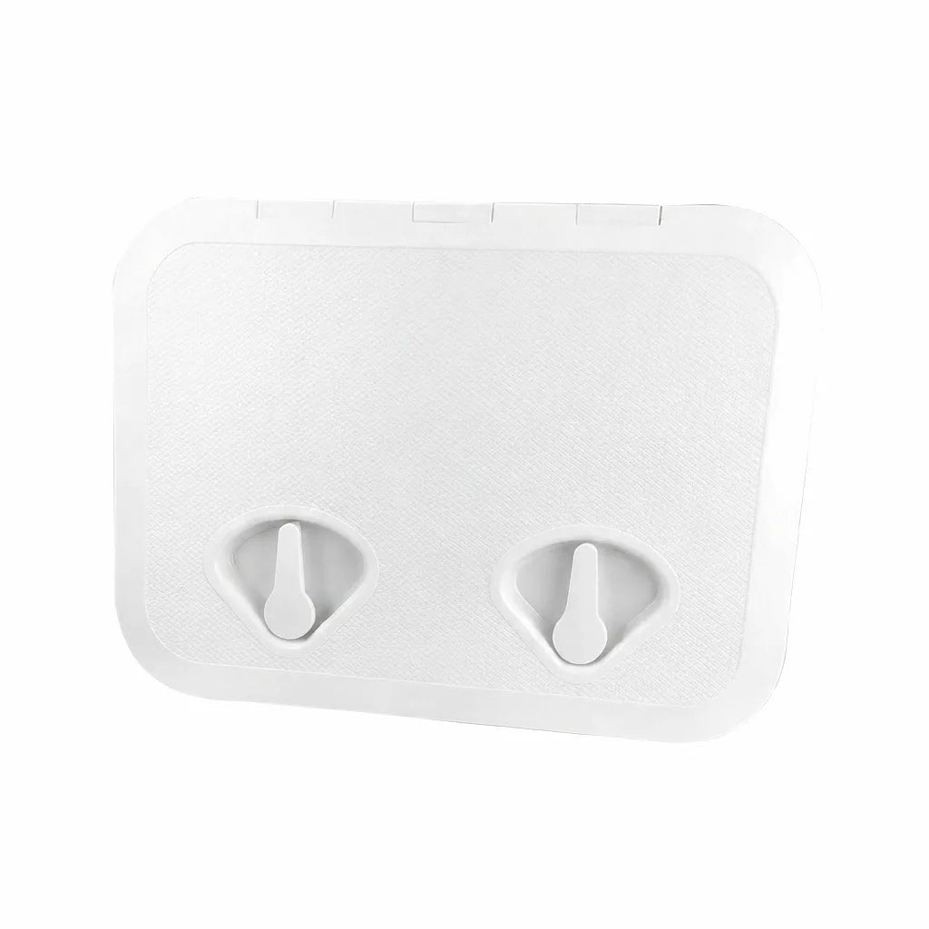 Airow Marine white square deck hatch cover with dual rotating turn latches on a solid white background.