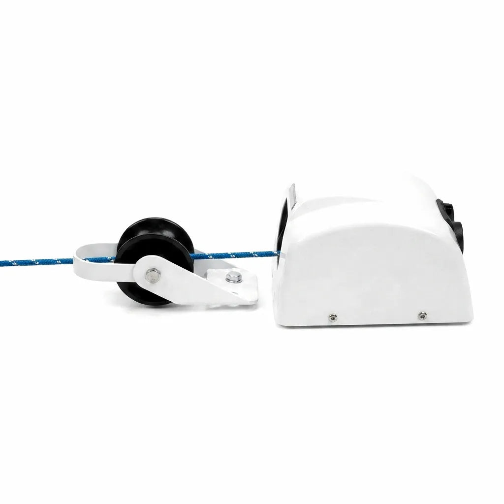 AIROW MARINE Electric Anchor Windlass with white housing, black pulley wheel, and blue rope on a pure white background