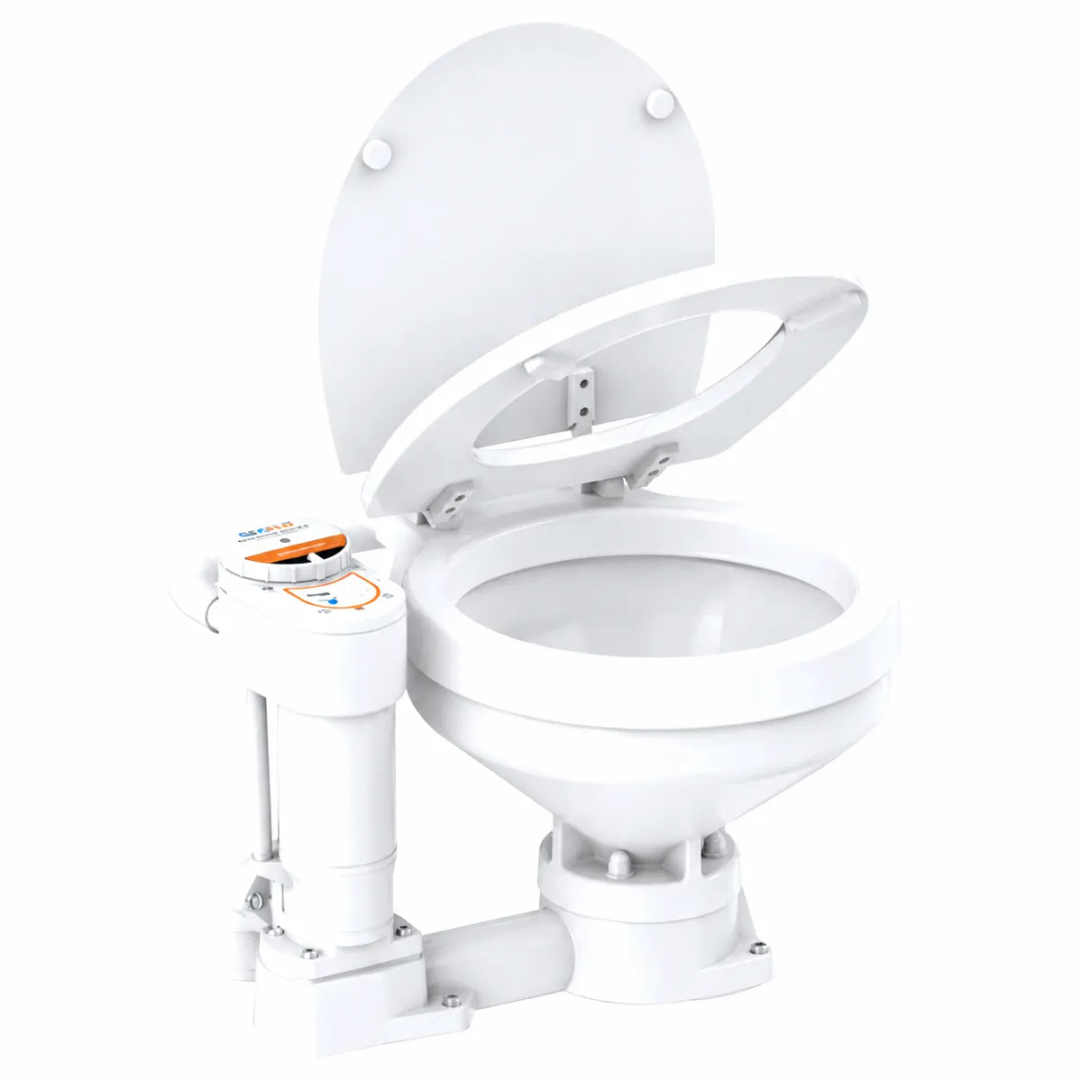 Airow Marine self-priming electric marine toilet with white durable ceramic bowl, baked enamel wood seat, and integrated pump system on a pure white background.