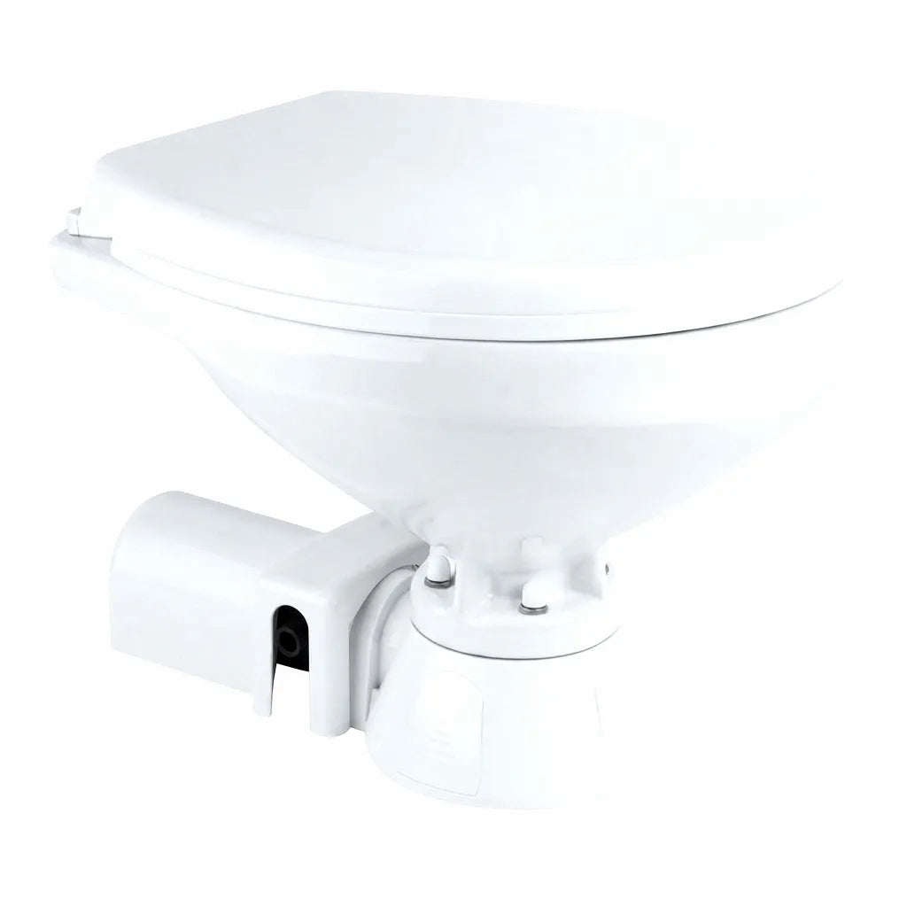 Airow Marine 12-volt electric marine toilet featuring a white vitreous china ceramic bowl, integrated high-efficiency macerator pump, and sturdy molded base.