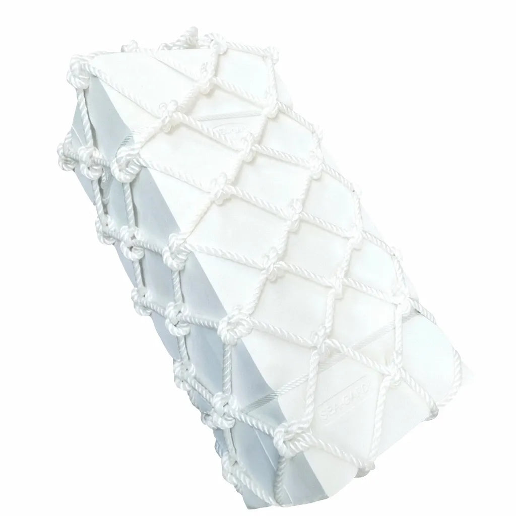 Airow Marine solid EVA core square boat fender with white knotted rope mesh for dockside impact protection.
