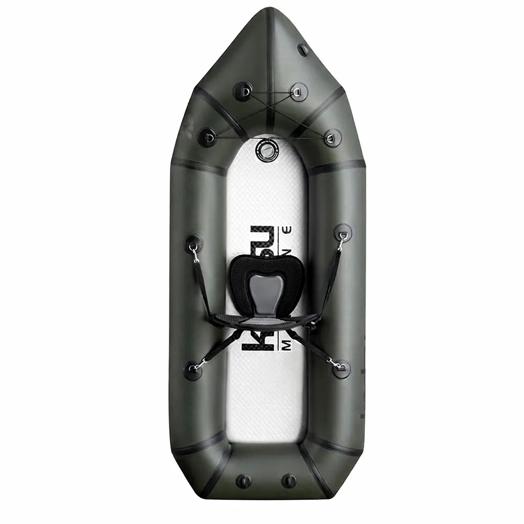 Top-down view of the Airow Marine single-person inflatable kayak, olive green, featuring a comfortable mesh-backed seat, marine-grade D-rings for gear, and bungee cord storage on the bow and stern, set against a pure white background. The reinforced PVC hull shows robust heat-welded seams.