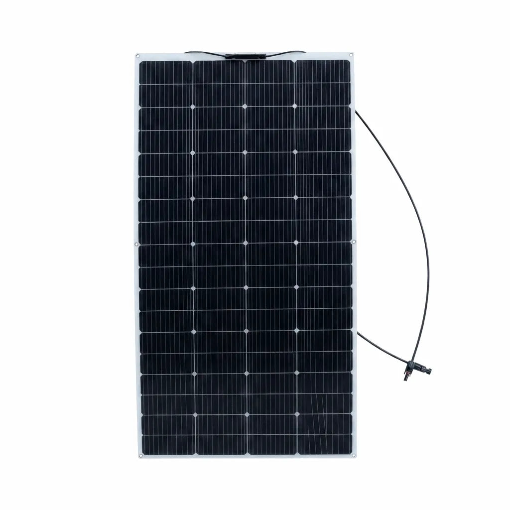 Airow Marine 200W flexible monocrystalline solar panel featuring a lightweight, curved design on a pure white background with connected MC4 solar cables.