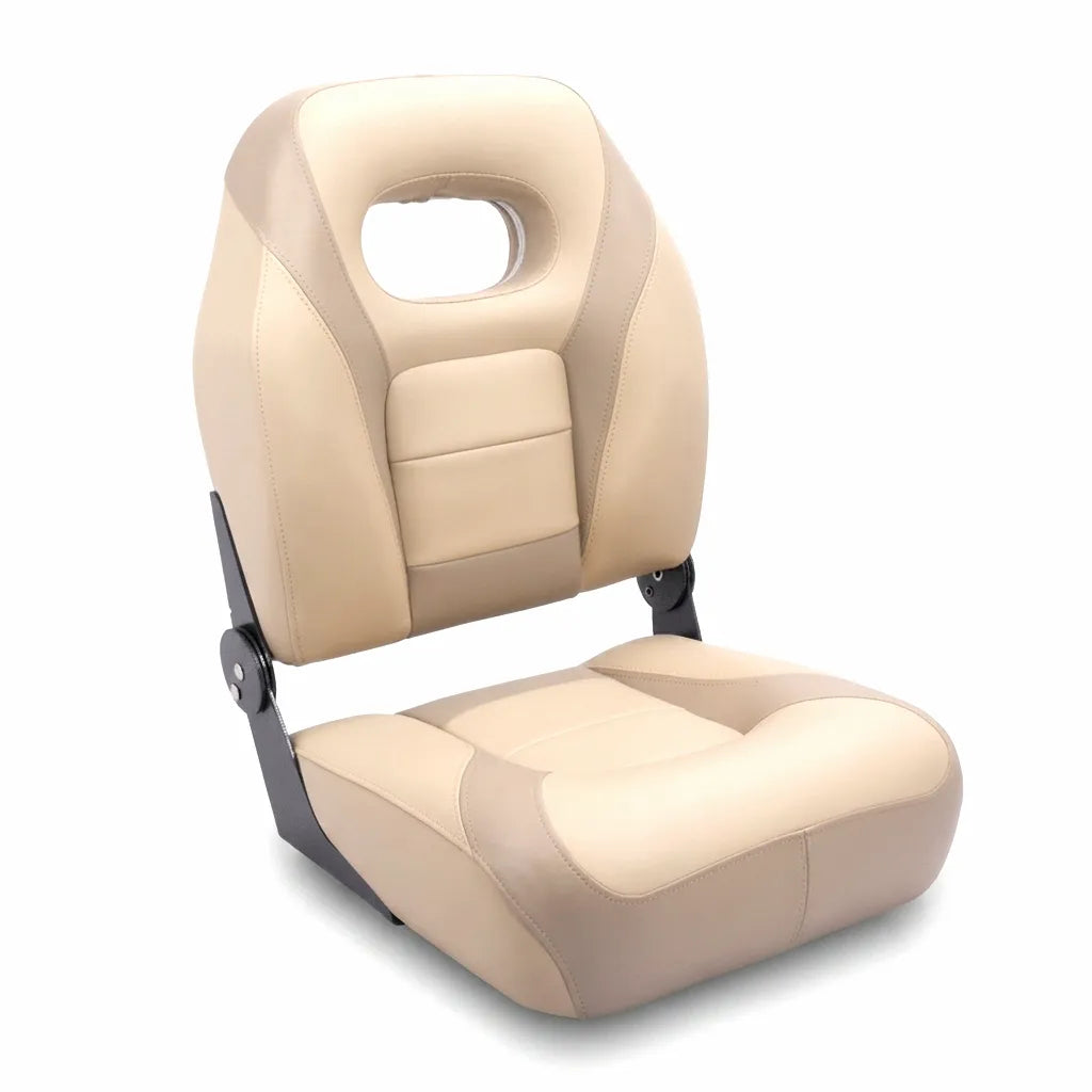 Foldable marine boat seat with two-tone beige and tan marine-grade vinyl upholstery, ergonomic design, and black powder-coated frame on a white background.