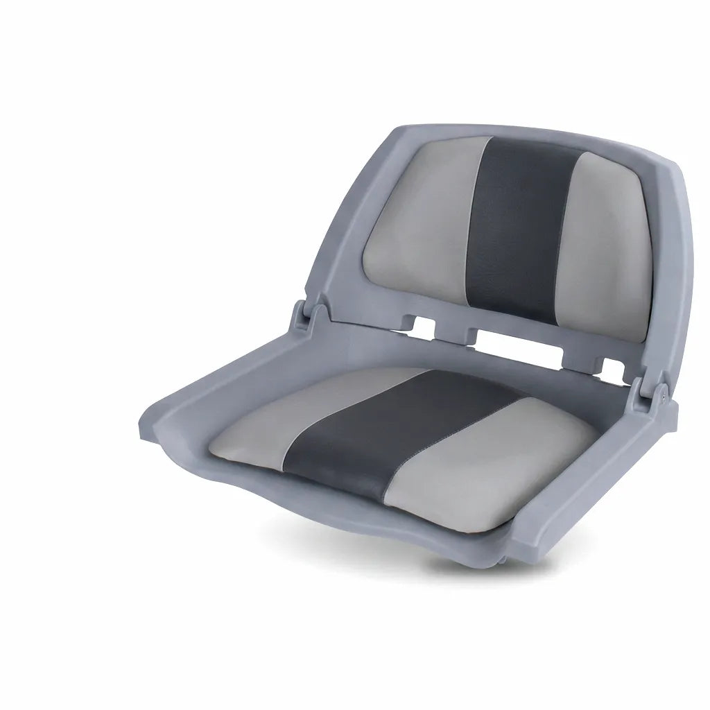 Airow Marine folding boat seat in folded position, showcasing two-tone grey UV-resistant marine vinyl cushions and durable marine-grade polymer frame on a white background.