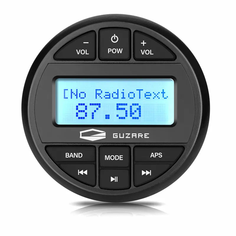 Airow Marine Guzare Waterproof Bluetooth FM Radio and USB MP3 Player, front view with backlit LCD displaying '87.50'