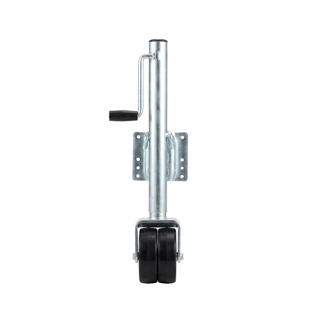 Heavy-duty galvanized steel yacht trailer jack with dual black rubber wheels and side-wind crank mechanism on a pristine white background.