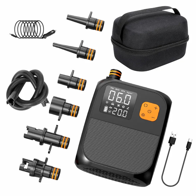 Airow Marine Hero portable electric air pump with digital display, multiple valve adapters, coiled car power cable, air hose, USB-C cable, and black carry case on white background.