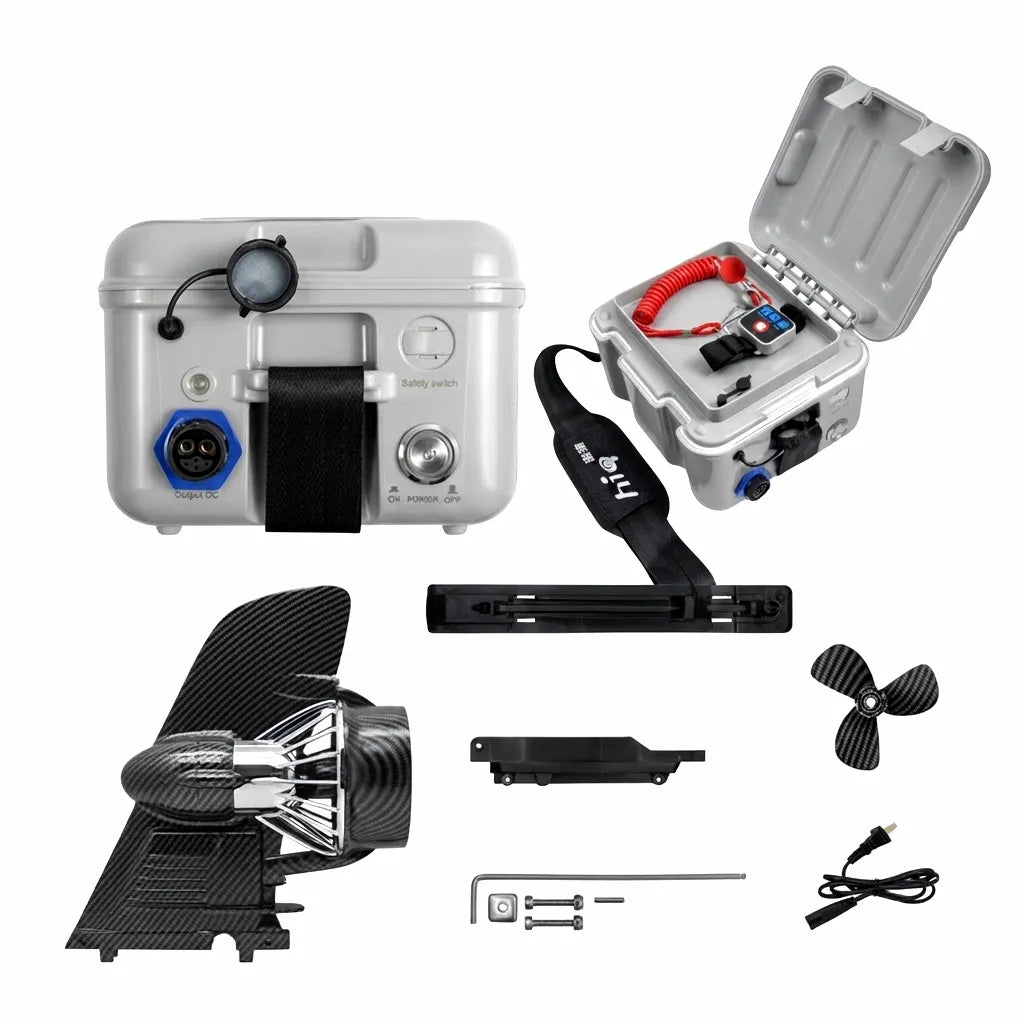 AIROW MARINE HERO electric SUP and kayak propeller kit, showing disassembled components: carbon fiber propulsion unit, 48V battery pack with safety switch, waterproof remote control, mounting rail, mounting plates, spare propeller, screws, wrench, and charging cable on a white background.