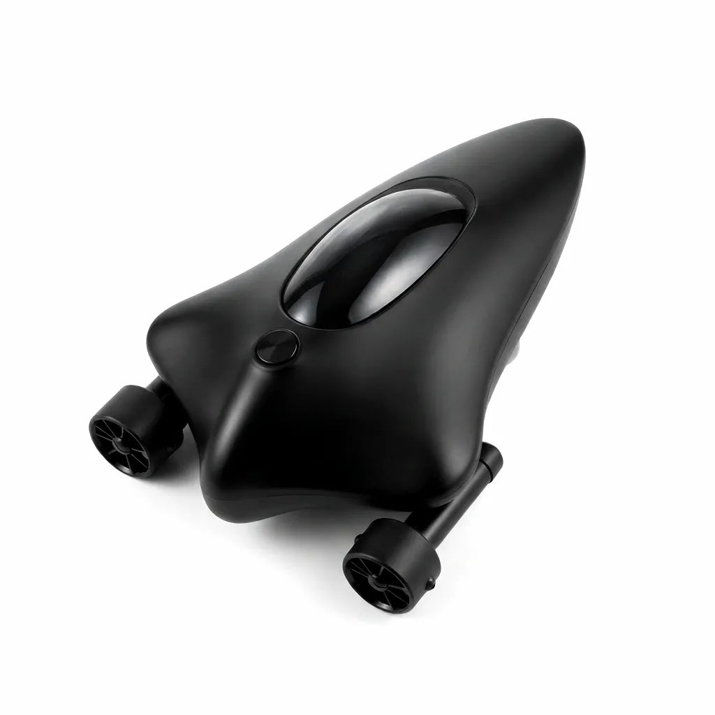 Airow Marine HERO Smart Sonar Fish Finder, sleek black device with propellers and transparent dome on pure white background.