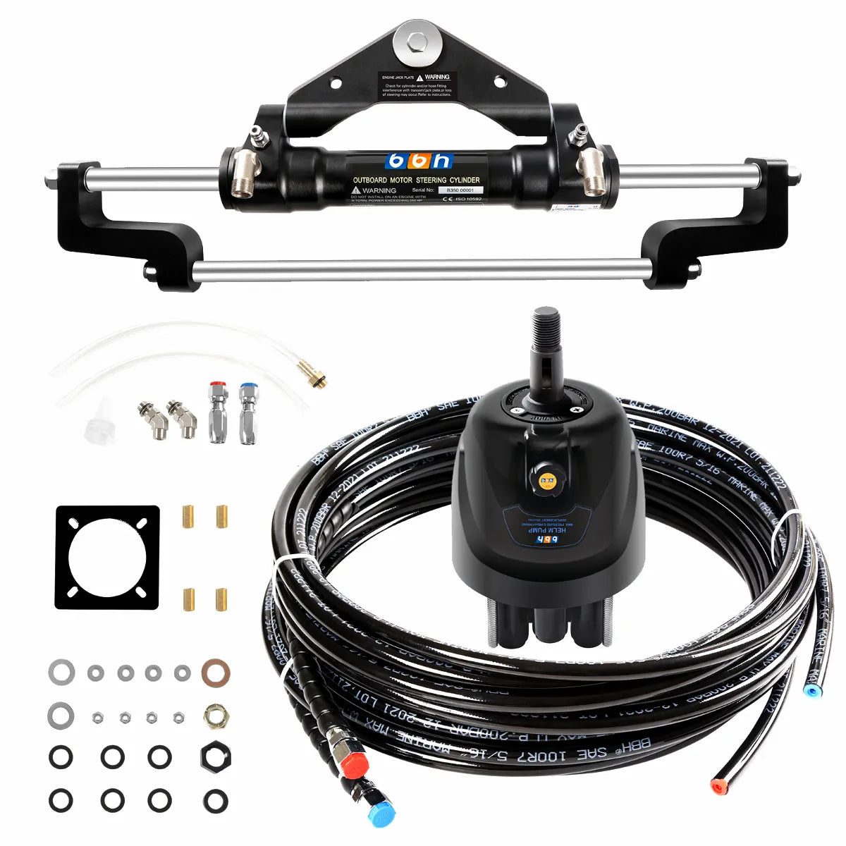 AIROW MARINE hydraulic steering system kit for outboard motors up to 300HP, showing steering cylinder, helm pump, hydraulic hoses, and all mounting hardware components on a white background.