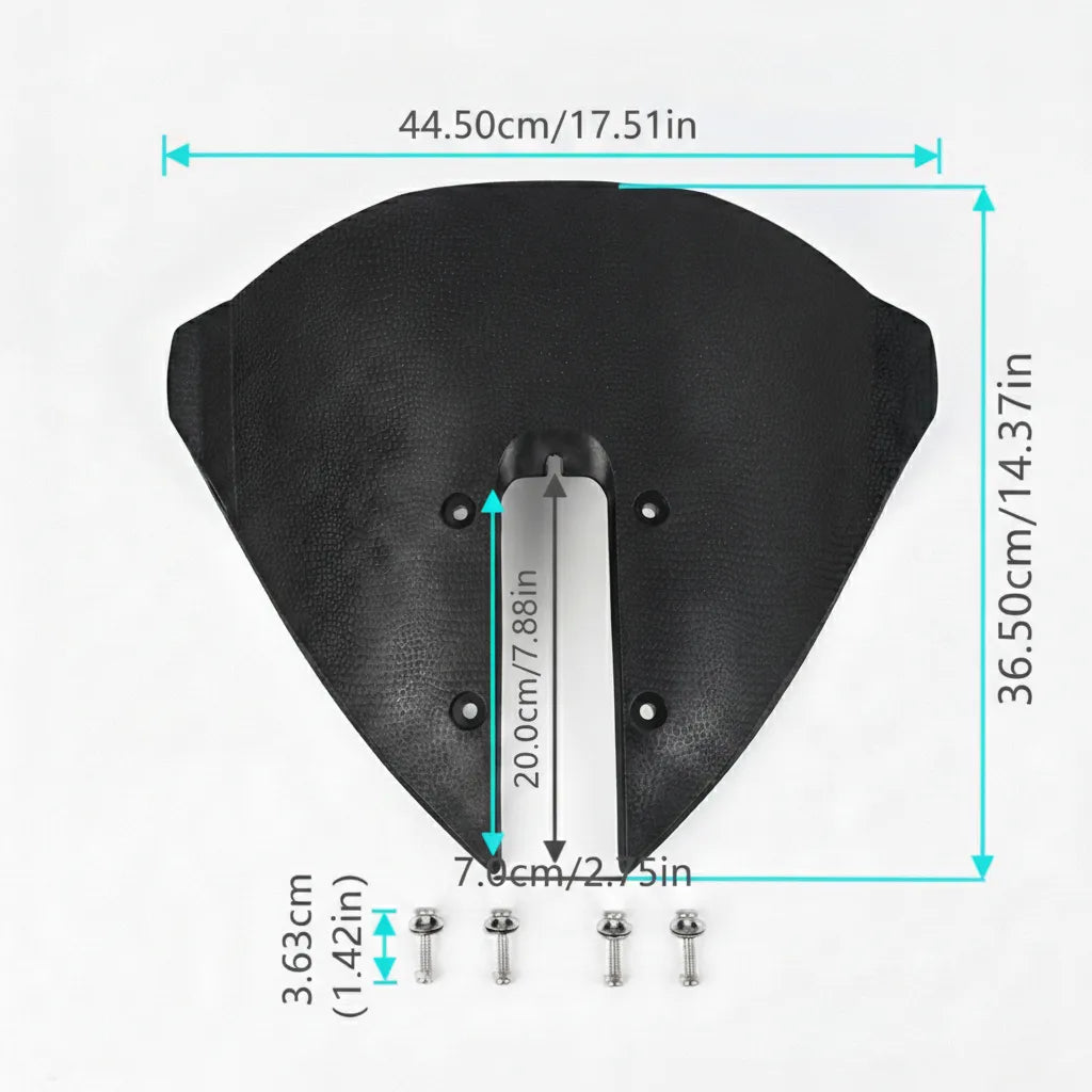 Dimensional technical drawing of the stabilizer plate showing 44.50cm width, 36.50cm length, and 20.0cm engine slot depth.