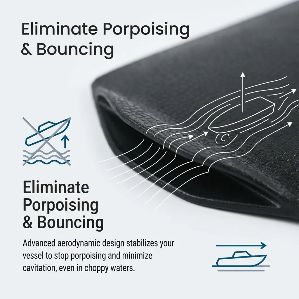 Aerodynamic design diagram showing how the stabilizer plate stops boat porpoising and minimizes cavitation in choppy water.