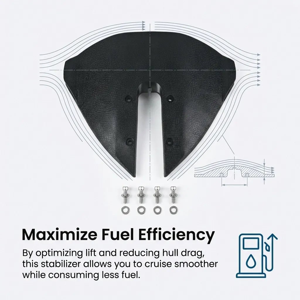 Fluid dynamics diagram showing lift optimization and hull drag reduction to maximize fuel efficiency during cruising.