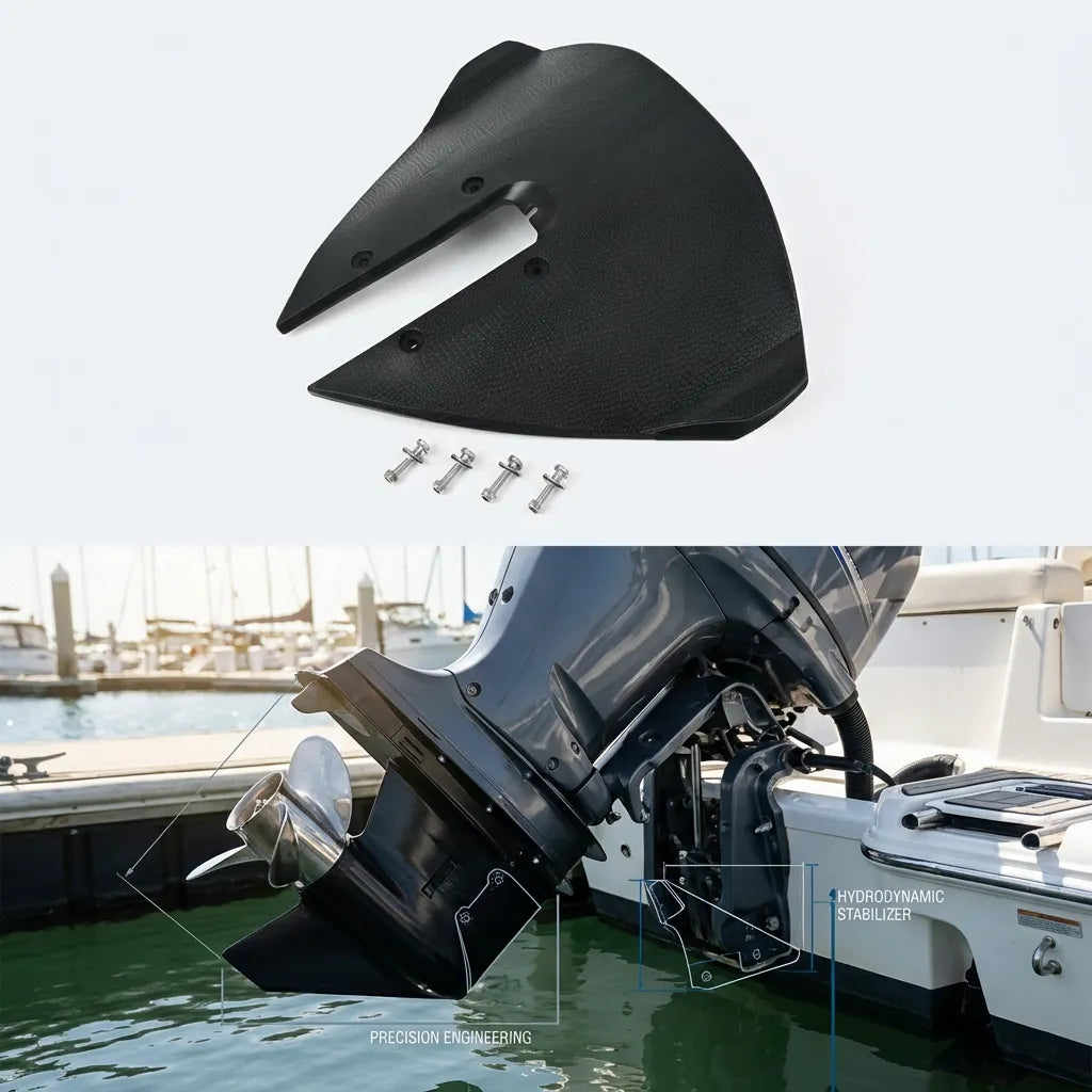 Close-up of the hydrodynamic stabilizer installed on a 150HP outboard motor cavitation plate in a marine marina setting.
