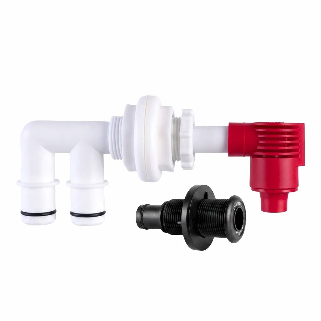 Airow Marine Livewell Aeration and Drainage Valve Kit, includes white L-shaped aerator with red head and black threaded through-hull drain fitting on a white background.