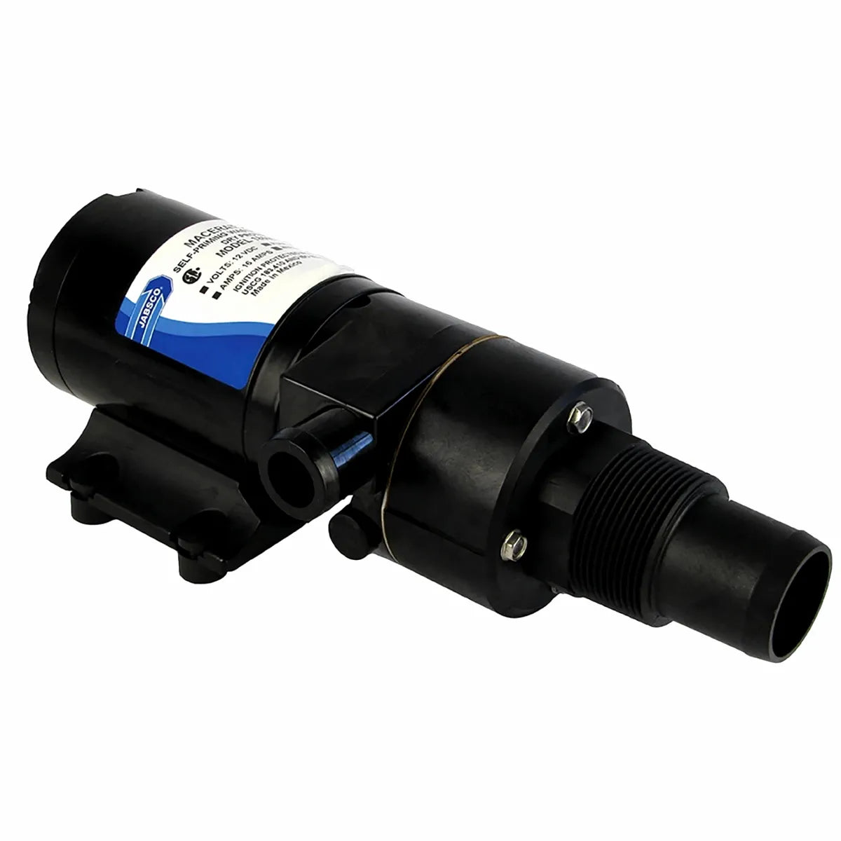 AIROW Marine 12V/24V Macerator Sewage Pump for yacht and boat black water tanks, featuring a robust black marine-grade polymer housing, corrosion-resistant stainless steel fasteners, and a threaded hose barb outlet, displayed on a pure white background.