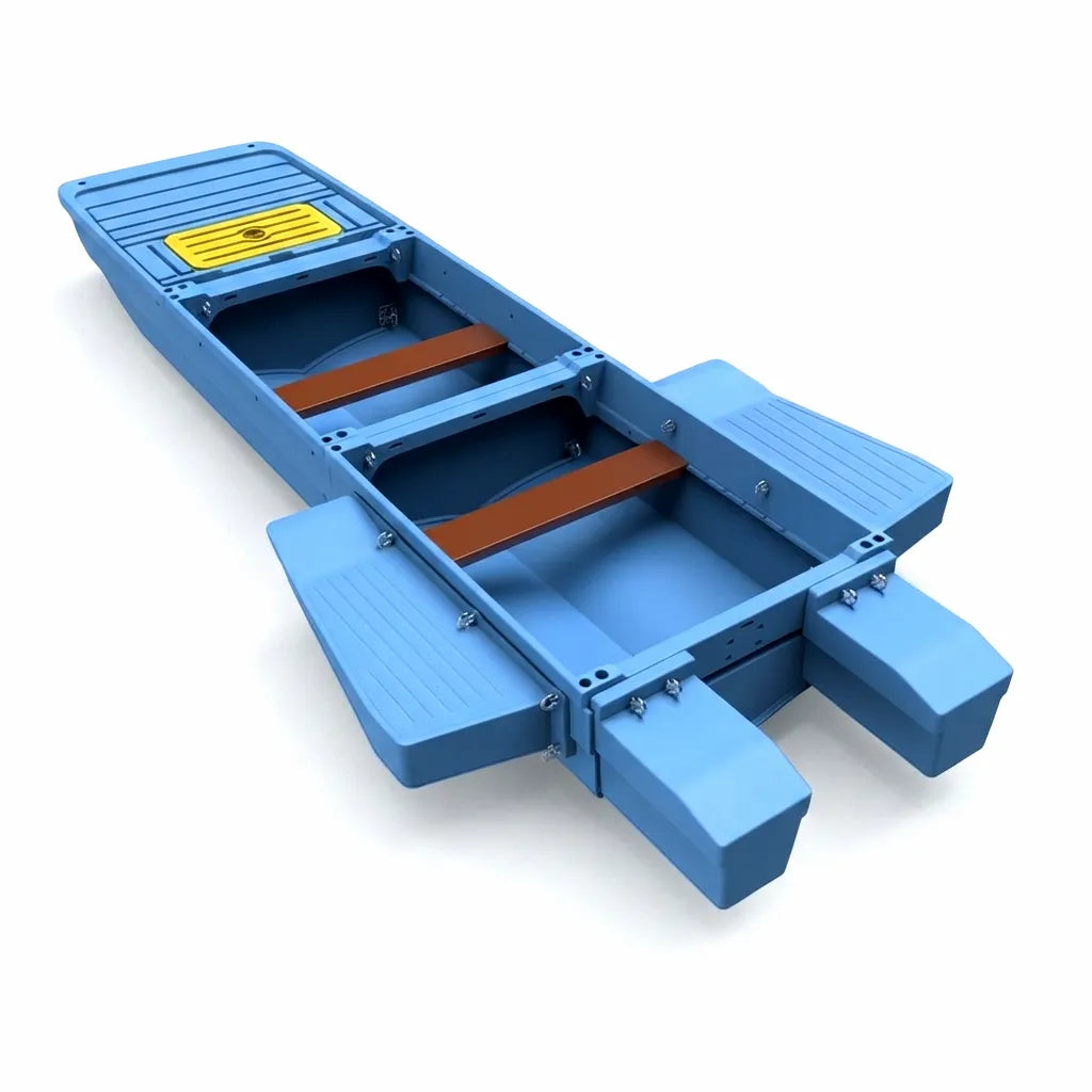Airow Marine modular plastic fishing boat showing customizable rotomolded hull sections, side stabilizers, and dual wooden bench seats.