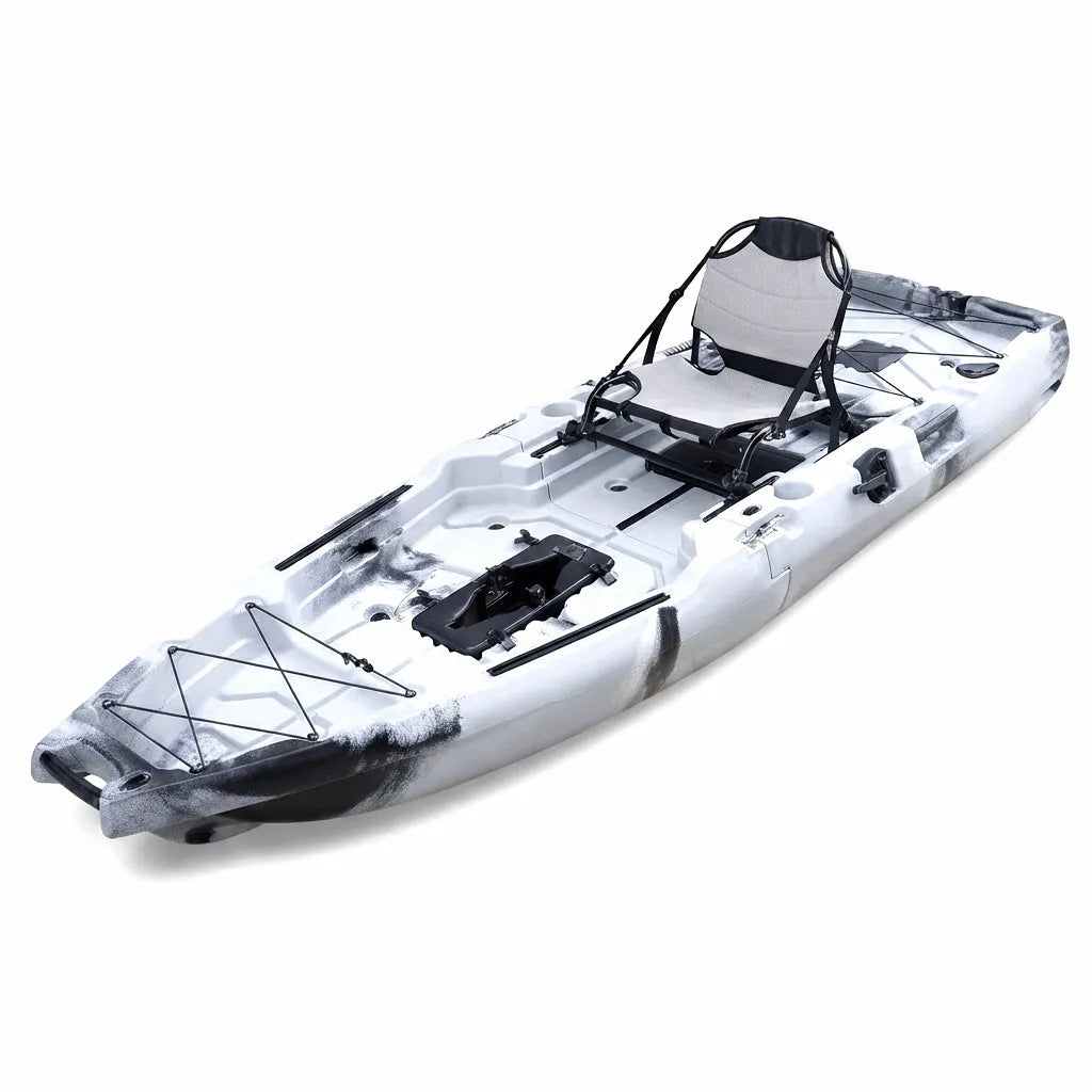 Airow Marine modular two-section fishing kayak in white and black camouflage, featuring an adjustable seat, bungee storage, and pedal drive port.
