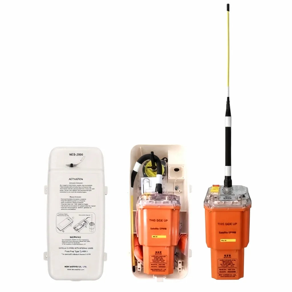 AIROW MARINE NEB-2000 Marine AIS Satellite EPIRB with automatic deployment housing shown from front, open interior, and deployed unit with extended antenna.