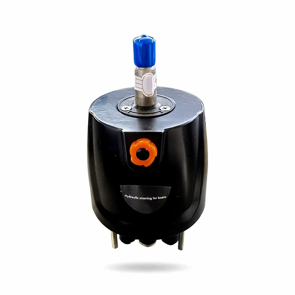 Airow Marine 20cc front-mount hydraulic steering helm pump showing heavy-duty cast housing, stainless steel shaft with blue protective cap, and mounting studs.