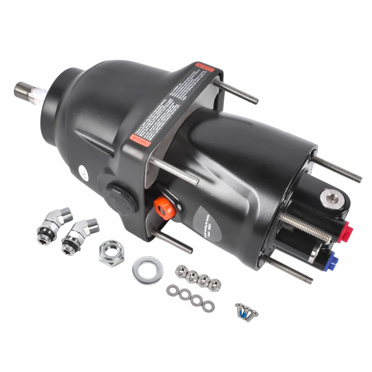 Airow Marine outboard motor hydraulic steering cylinder and pump unit with 316 stainless steel fittings, nuts, bolts, and washers on a clean white background.