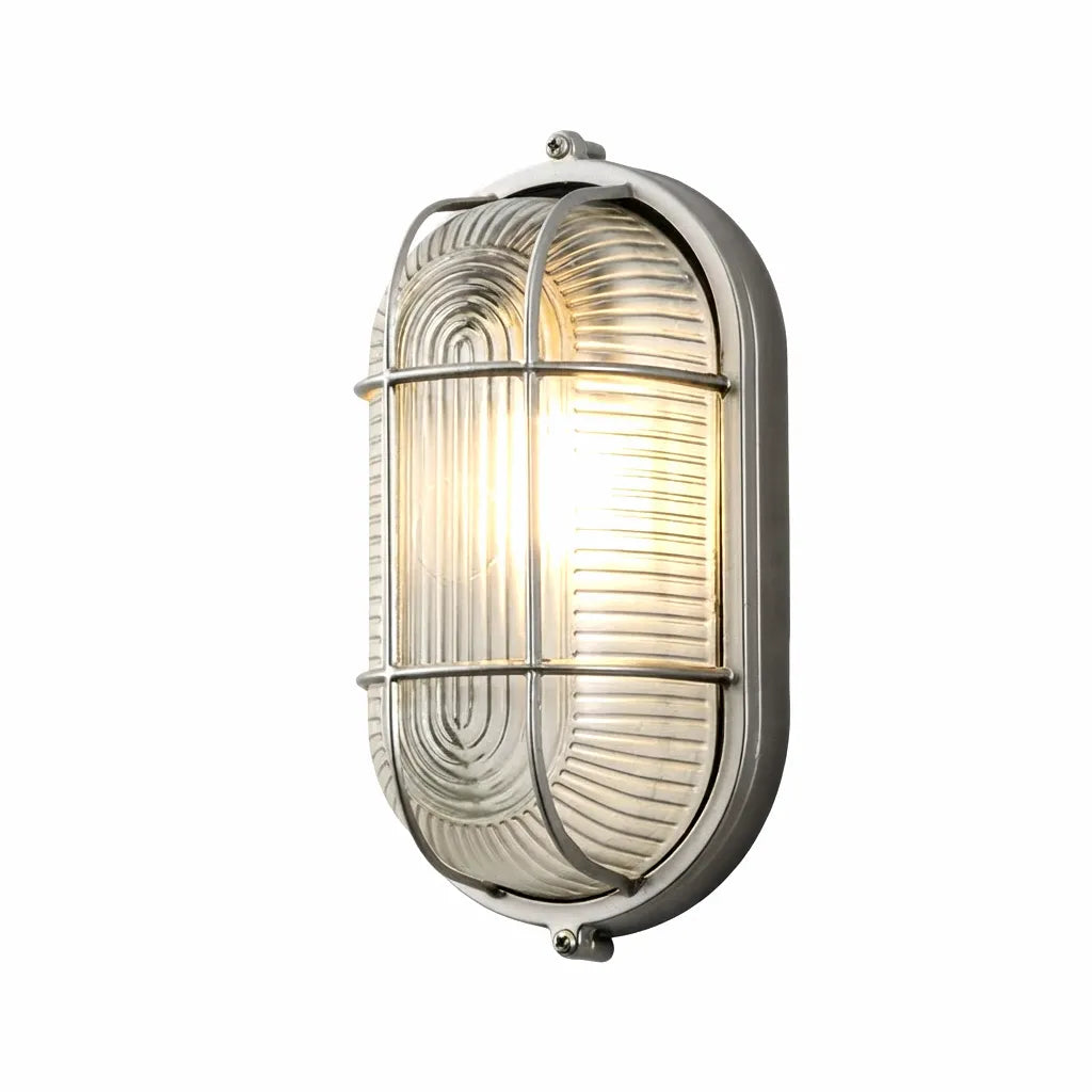 Airow Marine Oval LED Bulkhead Light with Matte Nickel Finish and Ribbed Glass Lens, illuminated